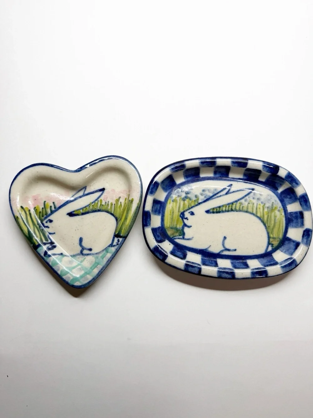 Vintage Debbie Dean Pottery Folk Art Bunny Rabbit Plates